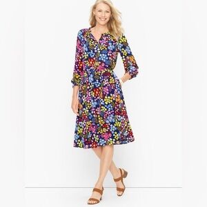 NEW! Talbots FIT & FLARE DRESS STARBURST FLORAL Small Petite Pink Red Blue Navy